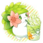  aimi_(aimia492) artist_name blush closed_mouth commentary_request cup disposable_cup drinking drinking_straw drinking_straw_in_mouth flower frappuccino full_body green_eyes heart logo_parody looking_at_viewer matcha_(food) no_humans pink_flower pokemon pokemon_(creature) shaymin shaymin_(land) simple_background smile solo starbucks striped striped_background sylveon twitter_username whipped_cream white_background 