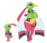  anthro armwear beak belt big_breasts breasts clothing collar dress duo feathers female generation_2_pokemon green_body grey_eyes hair hi_res huge_breasts legwear natu nintendo pink_hair pokeball pokemon pokemon_(species) simple_background tail urusee584 white_background wings xatu 