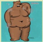  absurd_res anthro armpit_hair balls bear bodily_fluids body_hair cartoon_network dialogue genitals grizzly_(wbb) hi_res male mammal moobs nipples nude obese overweight penis sebboh solo standing sweat sweatdrop sweaty_legs we_bare_bears 