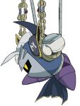  1boy armor cape chain chained gloves isibatamako kirby_(series) male_focus mask meta_knight pauldrons shoulder_armor simple_background solo sweat white_background white_gloves yellow_eyes 