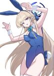  1girl :o animal_ears aqua_bow aqua_bowtie armpits azu_ankoowl blonde_hair blue_archive blue_bow blue_eyes blue_leotard bow bowtie commentary detached_collar dot_nose fake_animal_ears fake_tail halo hands_up highleg highleg_leotard leotard long_hair looking_at_viewer playboy_bunny rabbit_ears rabbit_pose rabbit_tail sidelocks solo tail thighhighs thighs toki_(blue_archive) toki_(bunny)_(blue_archive) white_background white_thighhighs wrist_cuffs 