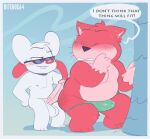  2023 anthro balls bitebox64 bulge clothing dialogue domestic_cat duo english_text erection eyewear felid feline felis genitals goro_(mappy) male male/male mammal mappy mappy_(character) mouse murid murine nipples overweight overweight_male penis red_body rodent sunglasses text underwear white_body 