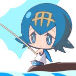 1girl asairosora bare_shoulders blue_eyes blue_hair blue_one-piece_swimsuit blue_pants blue_sailor_collar blue_sky bob_cut bright_pupils chibi closed_mouth cloud commentary_request day fishing fishing_rod from_side full_body hairband happy holding holding_fishing_rod lana_(pokemon) looking_at_viewer ocean one-piece_swimsuit outdoors pants pokemon pokemon_(game) pokemon_sm sailor_collar shirt short_hair sidelocks sitting sky sleeveless sleeveless_shirt smile solo swimsuit swimsuit_under_clothes white_pupils white_shirt yellow_hairband 