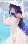  1girl bare_arms bare_shoulders bikini blunt_bangs blush braid braided_ponytail breasts cleavage commentary covered_nipples dress english_commentary genshin_impact hat highres hioyami large_breasts large_hat looking_at_viewer mole mole_under_eye outdoors parted_lips patreon_username purple_eyes purple_hair raiden_shogun see-through sleeveless sleeveless_dress solo sun_hat swimsuit white_bikini white_dress white_headwear 