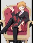  1girl absurdres armchair beatrice_(umineko) black_footwear black_jacket blonde_hair blue_eyes blunt_bangs boots chair collared_shirt commentary_request crossed_legs fangs feet_out_of_frame flower frilled_sleeves frills hair_bun hair_flower hair_ornament hand_up highres holding holding_smoking_pipe jacket knee_boots long_sleeves looking_at_viewer necktie open_mouth pink_necktie red_flower shirt sidelocks single_hair_bun sitting smile smirk smoking_pipe solo striped striped_thighhighs teeth thighhighs thighs twitter_username umineko_no_naku_koro_ni upper_teeth_only usetsusakon2 white_shirt 