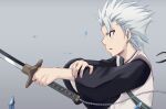  1boy bleach crystal green_eyes grey_background hand_on_own_arm haori hitsugaya_toushirou holding holding_sword holding_weapon japanese_clothes long_sleeves male_focus open_mouth shizupu spiked_hair sword weapon white_hair 