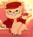  &lt;3 anthro bathrobe bear blue_eyes blush buckteeth claws clothed clothing happy_tree_friends hat headgear headwear heart_nose hi_res male mammal open_clothing open_robe pipe pop_(htf) robe salamikii smile smoking solo suggestive_pose teeth 