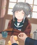  1boy 1girl ^_^ admiral_(kancolle) blue_sailor_collar closed_eyes commentary_request cup dotera_(clothes) dutch_angle eating food fruit grey_hair hair_ribbon hayashi_naoharu highres holding holding_food kantai_collection kettle kotatsu long_hair mandarin_orange open_mouth partial_commentary ponytail pov pov_hands red_ribbon ribbon sailor_collar school_uniform serafuku solo_focus sparkle table usugumo_(kancolle) yunomi 