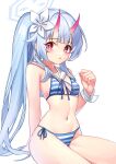  1girl absurdres bikini blue_archive blue_hair breasts chise_(blue_archive) cowboy_shot flower hair_flower hair_ornament halo highres horns iznal looking_at_viewer oni_horns red_eyes red_horns sailor_bikini sailor_collar side-tie_bikini_bottom side_ponytail simple_background small_breasts solo striped striped_bikini swimsuit white_background white_sailor_collar wristband 