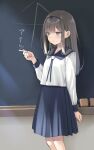  1girl aqua_eyes blue_skirt blush board_eraser chalk chalkboard classroom closed_mouth collarbone feet_out_of_frame grey_hair highres holding holding_chalk indoors long_hair long_sleeves na-ga original pleated_skirt school_uniform skirt solo 