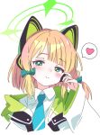  1girl animal_ear_headphones animal_ears blonde_hair blue_archive blue_necktie blush bow cat_ear_headphones closed_mouth commentary_request fake_animal_ears green_bow green_eyes green_halo hair_bow halo headphones heart ixy jacket looking_at_viewer midori_(blue_archive) necktie short_hair smile solo spoken_heart upper_body white_jacket 