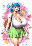  1girl bag blue_hair bob_cut breasts cleavage collarbone commentary curvy earrings english_commentary erkaz floral_background gigantic_breasts green_skirt handbag highres huge_breasts jewelry navel original plunging_neckline red_eyes rina_atherina shirt short_hair skirt solo standing starry_background stud_earrings thick_thighs thighs veins veiny_breasts white_shirt 