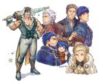  2girls 5boys animal_ears bara bare_arms beard beckoning biceps character_request clover ears_down easter facial_hair fire_emblem full_body gloves green_headband grin hand_on_another&#039;s_arm headband highres ike_(fire_emblem) ina_zuma large_pectorals light_blush light_purple_hair looking_at_viewer mature_male multiple_boys multiple_girls muscular muscular_male official_alternate_costume old old_man over_shoulder partially_unbuttoned pectoral_cleavage pectorals polearm rabbit_ears shirt short_hair sideburns sleeveless sleeveless_shirt smile sparkle spear standing thick_eyebrows thick_mustache thighs torn_clothes torn_shirt vest waving weapon weapon_over_shoulder wrinkled_skin yaoi 