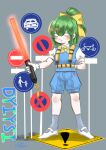  1girl absurdres arm_behind_back belt bicycles_only_sign blue_shorts blue_vest blush bow bowtie brown_belt character_name charm_(object) closed_eyes closed_mouth collared_shirt commentary_request cookie_(touhou) daiyousei diyusi_(cookie) expressionless flat_chest full_body gloves green_hair grey_background grey_socks hair_between_eyes hakurei_reimu high-visibility_vest highres holding medium_bangs medium_hair motor_vehicles_only_sign no_entry_sign no_parking_sign no_stopping_sign noel_(cookie) pedestrians_only_sign puffy_sleeves road_sign s_(esumi_kihomaru) shirt shorts sign signature simple_background socks solo touhou traffic_baton vest warning_sign white_gloves yellow_bow yellow_bowtie 