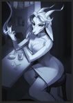  anthro beverage cigarette clothed clothing dress female floppy_ears glass glistening glistening_eyes hi_res holding_cigarette holding_object lighter long_ears looking_at_viewer monochrome mouth_closed narrowed_eyes ring_(jewelry) sitting smoke solo species_request unknowhiter 