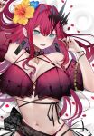  1girl absurdres baobhan_sith_(fate) bare_shoulders bikini blue_eyes blue_flower blush breasts fate/grand_order fate_(series) flower frilled_bikini frills grey_eyes hair_flower hair_intakes hair_ornament hibiscus highres large_breasts long_hair looking_at_viewer navel open_mouth petals pink_hair pointy_ears red_bikini rose_petals san_(harutuki_3) sidelocks smile solo swimsuit textless_version yellow_flower 