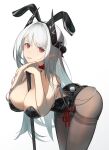  1girl animal_ears arknights bare_shoulders black_pantyhose breasts cleavage fake_animal_ears highres jijing_zishui large_breasts leaning_forward long_hair looking_at_viewer mudrock_(arknights) pantyhose playboy_bunny pointy_ears rabbit_ears rabbit_tail red_eyes tail thighs white_background white_hair 