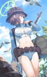  1girl absurdres aqua_eyes assault_rifle bag beach belt belt_pouch bikini bikini_bottom_only bird blue_archive blue_bikini blue_jacket blue_sky blush breasts bucket_hat closed_mouth cloud cowboy_shot crop_top cropped_jacket day gun hado0628 halo hand_up hat highres holding holding_gun holding_weapon jacket long_sleeves looking_to_the_side medium_breasts midriff navel outdoors palm_tree pouch profile purple_hair rifle saki_(blue_archive) saki_(swimsuit)_(blue_archive) short_hair sidelocks sky sports_bikini standing stomach sweat swimsuit thighs tree weapon zipper zipper_pull_tab 