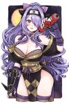  1girl bare_shoulders black_kimono breasts camilla_(fire_emblem) camilla_(ninja)_(fire_emblem) cleavage commentary fingerless_gloves fire_emblem fire_emblem_fates fire_emblem_heroes fishnet_thighhighs fishnets gauntlets gloves hair_over_one_eye highres holding holding_scroll holding_weapon japanese_clothes kimono kunai large_breasts long_hair looking_at_viewer misato_hao moon ninja obi off_shoulder official_alternate_costume one_eye_covered pelvic_curtain purple_eyes purple_gloves purple_hair sash scroll side_slit signature smile solo thighhighs very_long_hair wavy_hair weapon 
