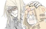  0_0 1boy 1girl animal_costume animal_ears animal_print black_nails blonde_hair fake_animal_ears fate/grand_order fate_(series) half-closed_eyes headpat jaguar_ears jaguarman_(fate) kankan33333 long_hair looking_at_viewer orange_hair scared sharp_teeth sketch sunglasses sweatdrop teeth tezcatlipoca_(fate) tiger_costume tiger_print upper_body 