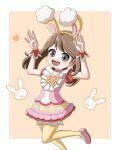  1girl :d animal_ears arms_up brown_hair dress fake_animal_ears grey_eyes heart highres looking_at_viewer may_(pokemon) may_(spring_2021)_(pokemon) nana_(eyzy2454) official_alternate_costume open_mouth pantyhose pink_dress pink_footwear pokemon pokemon_(game) pokemon_masters_ex rabbit rabbit_ears rabbit_pose smile solo teeth upper_teeth_only yellow_pantyhose 