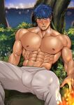  1boy abs absurdres bara blue_eyes blue_hair blush day fire_emblem fire_emblem:_path_of_radiance fire_emblem:_radiant_dawn green_headband headband highres ike_(fire_emblem) large_pectorals male_focus muscular muscular_male navel nipples outdoors pants pectorals short_hair solo suyohara topless_male white_pants 