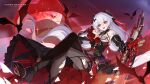  1girl animal bare_shoulders bat_(animal) black_dress black_sleeves black_thighhighs chainsaw chinese_commentary crossed_legs detached_sleeves dress earrings flower full_moon hair_between_eyes highres holding holding_weapon honkai_(series) honkai_impact_3rd jewelry long_hair looking_at_viewer moon nail_polish official_art official_wallpaper open_mouth red_eyes red_flower red_moon red_rose rose solo teeth theresa_apocalypse theresa_apocalypse_(lunar_vow:_crimson_love) thighhighs torn_clothes upper_teeth_only vampire weapon white_hair 