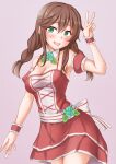  1girl alternate_costume anti_(untea9) braid breasts brown_hair cleavage commentary_request cowboy_shot detached_collar dress green_eyes highres kantai_collection medium_breasts noshiro_(kancolle) pink_background red_dress simple_background solo swept_bangs twin_braids v wrist_cuffs 