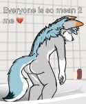  2023 absurd_res anthro bathroom butt canid canine canis english_text eyes_closed hi_res m4yson male mammal nude solo standing text wolf 