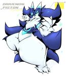  2021 ambiguous_gender anthro bandai_namco blue_body blue_fur chest_tuft digimon digimon_(species) fakemon fur hi_res looking_at_viewer piston(weighty-kite) solo thick_thighs tuft twitter_handle watermark weighty-kyte white_body white_fur wide_hips 