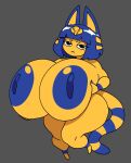  animal_crossing ankha_(animal_crossing) anthro areola big_breasts black_eyes blue_areola blue_hair blue_nipples breasts domestic_cat felid feline felis female frown hair half-closed_eyes hand_on_breast hi_res holding_breast huge_breasts hyper hyper_breasts looking_at_viewer mammal markings narrowed_eyes nintendo nipples nsfwoaf nude solo striped_markings striped_tail stripes tail tail_markings thick_thighs yellow_body 