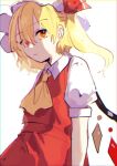  1girl ascot blonde_hair bloom closed_mouth dress expressionless flandre_scarlet hair_between_eyes hat kujikimi mob_cap one_side_up overexposure red_dress red_eyes sidelighting simple_background solo touhou upper_body white_background yellow_ascot 