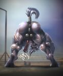  absurd_res animal_genitalia animal_penis anthro anus balls_outline big_muscles bottomwear bulge butt clothing dialogue digitigrade ear_piercing equid equine equine_genitalia equine_penis genital_outline genitals hi_res hooves huge_muscles huge_thighs looking_at_viewer looking_back looking_back_at_viewer male mammal muscular muscular_anthro muscular_butt muscular_male muscular_thighs penis piercing rizzy_stripe rizzyofen smile solo speech_bubble stretching talking_to_viewer thick_thighs zebra 