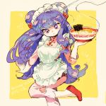  1girl artist_name bow breasts canariadraw double_bun food hair_bow hair_bun heart highres noodles purple_hair ramen ranma_1/2 red_bow red_footwear shampoo_(ranma_1/2) smile solo twitter_username waitress 