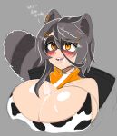  animal_humanoid animal_print big_breasts black_hair blush blush_lines bodily_fluids breasts cakecatboy cleavage clothed clothing cow_print cum cum_on_breasts cum_on_face dialogue female genital_fluids grey_hair hair hi_res huge_breasts humanoid hyper hyper_breasts mammal mammal_humanoid markings multicolored_hair open_mouth orange_eyes procyonid procyonid_humanoid raccoon_humanoid side_boob simple_background smile snuffy solo striped_markings striped_tail stripes tail tail_markings teeth text vtuber 
