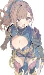  1girl armor beatrix_(granblue_fantasy) blue_ribbon blush breasts brown_eyes brown_hair cleavage cleavage_cutout clothing_cutout gorirago granblue_fantasy hair_ribbon highres large_breasts long_hair open_mouth ponytail ribbon shoulder_armor simple_background solo thighhighs white_background 