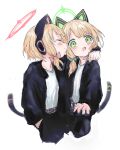  2girls alternate_costume animal_ear_headphones animal_ears arm_around_shoulder black_jacket black_pants blonde_hair blue_archive blush bow cat_ear_headphones closed_eyes closed_mouth fake_animal_ears green_eyes hair_bow halo hand_in_pocket headphones highres jacket long_sleeves looking_at_viewer midori_(blue_archive) momoi_(blue_archive) multiple_girls open_mouth pants reitoubeef shirt siblings simple_background sisters sweat tail twins white_background white_shirt 