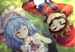  1boy 1girl ;) ascot bat_wings blue_eyes blue_hair blue_overalls brown_hair commentary english_commentary facial_hair gloves highres looking_at_another lying mario mario_(series) mustache on_back one_eye_closed outdoors overalls pointy_ears red_ascot red_eyes red_hair remilia_scarlet ruu_(ruigi12) shirt short_hair smile touhou white_gloves white_headwear white_shirt wings 
