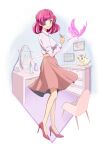  1girl absurdres bug butterfly commentary_request eyelashes hair_ornament hairclip happy high_heels highres kibou_no_chikara_~otona_precure_&#039;23~ long_sleeves looking_at_viewer medium_hair pink_eyes pink_hair pink_lips precure pumps shirt skirt smile solo standing tenma_no_atelier yes!_precure_5 yes!_precure_5_gogo! yumehara_nozomi 