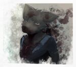  2023 abstract_background anthro black_body black_fur blood blue_eyes bodily_fluids canid canine canis clothing dakka dakkawoof fur hi_res looking_at_viewer male mammal shirt solo tired topwear wolf young 