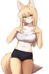  amber_eyes anthro athletic athletic_anthro athletic_female big_breasts blonde_hair blush bodily_fluids bottomwear bra breasts butt_from_the_front canid canine cleavage clothed clothing dipstick_tail female fluffy fluffy_tail fox gym_bottomwear gym_clothing gym_shorts hair hi_res inner_ear_fluff jeifier long_hair looking_at_viewer mammal markings natural_breasts navel nervous shorts solo sports_bra tail tail_markings tears tuft underwear 