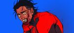  1boy black_bodysuit black_hair blood blood_from_mouth blood_on_face blue_background bodysuit close-up constricted_pupils crying dark-skinned_male dark_skin dithering fangs hair_slicked_back looking_at_viewer male_focus marvel messy_hair miguel_o&#039;hara open_mouth red_bodysuit red_eyes short_hair simple_background single_tear skin_tight solo spider-man:_across_the_spider-verse spider-man_(2099) spider-man_(series) thick_eyebrows toboldlymuppet two-tone_bodysuit wide-eyed 
