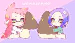  2girls chibi chocolate commentary diagonal_bangs eyelashes green_eyes inkling inkling_girl inuowour long_hair looking_at_viewer medium_hair multiple_girls mushroom octoling octoling_girl pink_background pink_hair pointy_ears purple_background purple_hair seiza sitting splatoon_(series) symbol-only_commentary two-tone_background 