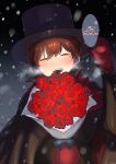  1boy bags_under_eyes black_cloak blurry blurry_background bocchan_(shinigami_bocchan_to_kuro_maid) bouquet brown_hair cloak closed_eyes colorized flower hat highres holding holding_bouquet inoue_koharu outdoors red_flower red_mittens red_rose rose shinigami_bocchan_to_kuro_maid smile snowing top_hat 