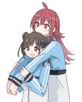  2girls ahoge blue_jacket blush brown_eyes brown_hair double_bun hair_between_eyes hair_bun height_difference hug hug_from_behind idolmaster idolmaster_shiny_colors jacket komiya_kaho long_hair long_sleeves looking_at_another medium_hair multiple_girls open_mouth red_eyes red_hair shiroshi_(denpa_eshidan) sidelocks smile sonoda_chiyoko track_jacket upper_body white_background 