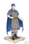  1boy alternate_costume belt black_footwear blue_cloak blue_hair blue_tunic boots brooch brown_tunic cloak cu_chulainn_(fate) dasdokter earrings fate_(series) grin highres jewelry male_focus medieval muscular ponytail red_eyes simple_background smile socks solo tunic white_background white_socks 