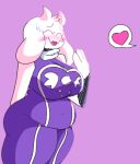  &lt;3 anthro big_breasts blush blush_lines bodily_fluids boss_monster bovid breasts caprine clothing cupholders dress embarrassed eyelashes eyes_closed female floppy_ears fur goat hi_res huge_breasts lop_ears mammal navel_outline open_mouth overweight overweight_female purple_background purple_clothing purple_dress simple_background solo speech_bubble sweat sweatdrop thick_thighs toriel undertale undertale_(series) white_body white_fur wide_hips 