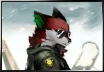  2022 anthro aside_glance badge black_ears black_nose canid canine clothed clothing fox fur green_inner_ear half-length_portrait jacket looking_at_viewer male mammal mega_moppa portrait red_body red_fur side_view solo top_gun topwear victor_johansen wearing_sunglasses 