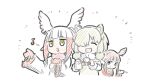  3girls :d ^_^ alpaca_ears alpaca_suri_(kemono_friends) animal_ear_fluff animal_ears appleq brown_hair brown_sweater closed_eyes closed_mouth coffee_pot commentary_request cropped_torso cup frilled_sleeves frills fur-trimmed_sleeves fur_collar fur_trim gloves hair_over_one_eye head_wings highres holding holding_cup japanese_crested_ibis_(kemono_friends) kemono_friends long_sleeves multicolored_hair multiple_girls music pink_hair pink_wings red_gloves red_hair red_shirt scarlet_ibis_(kemono_friends) shirt simple_background singing smile sweater two-tone_hair upper_body white_background white_hair white_shirt white_wings wings yellow_eyes 