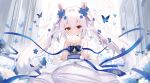  1girl animal_ears azur_lane bare_shoulders blue_ribbon blush bug butterfly closed_mouth dress eyebrows_hidden_by_hair flower gloves hair_between_eyes hair_ornament highres laffey_(azur_lane) laffey_(white_rabbit&#039;s_oath)_(azur_lane) long_hair looking_at_viewer rabbit_ears ribbon solo twintails wedding_dress white_gloves white_hair zcx 